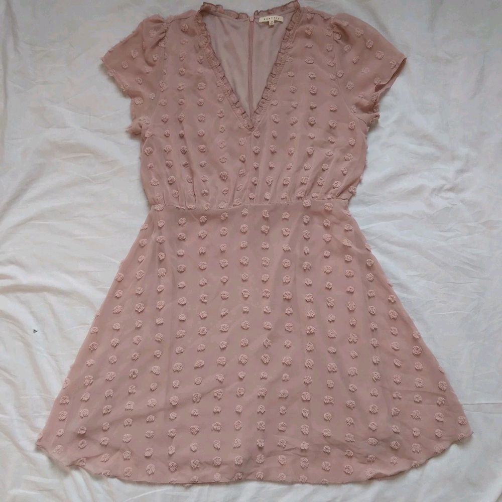 BaeVely Pink Swiss Dot V-neck Dress Cottagecore Coquette Fairy Womens Medium - Picture 2 of 12